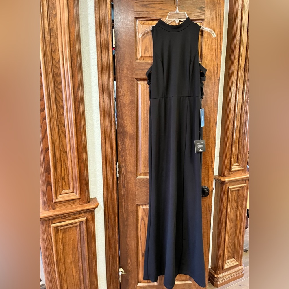 Lulu’s Keep on Dancing black mock neck sleeveless maxi dress side cutouts L NWT